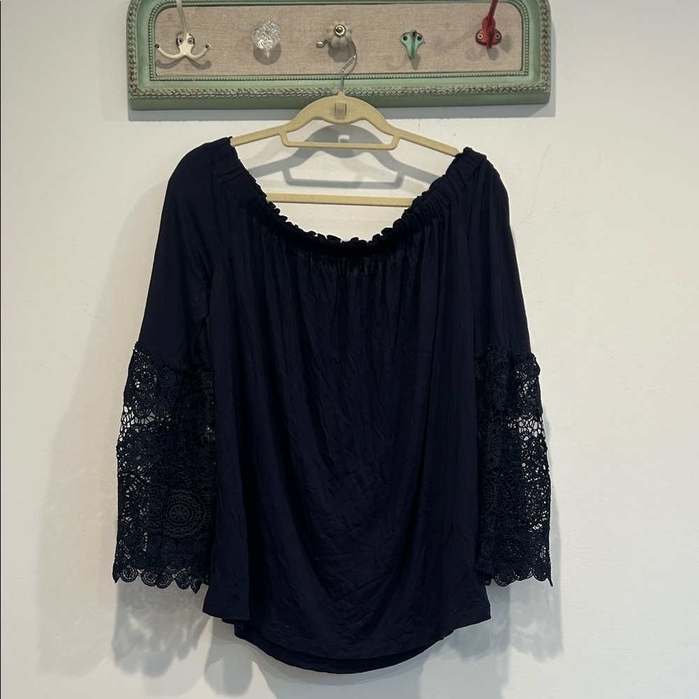 Loft Navy Lace Sleeve off the shoulder boho Women's Top large